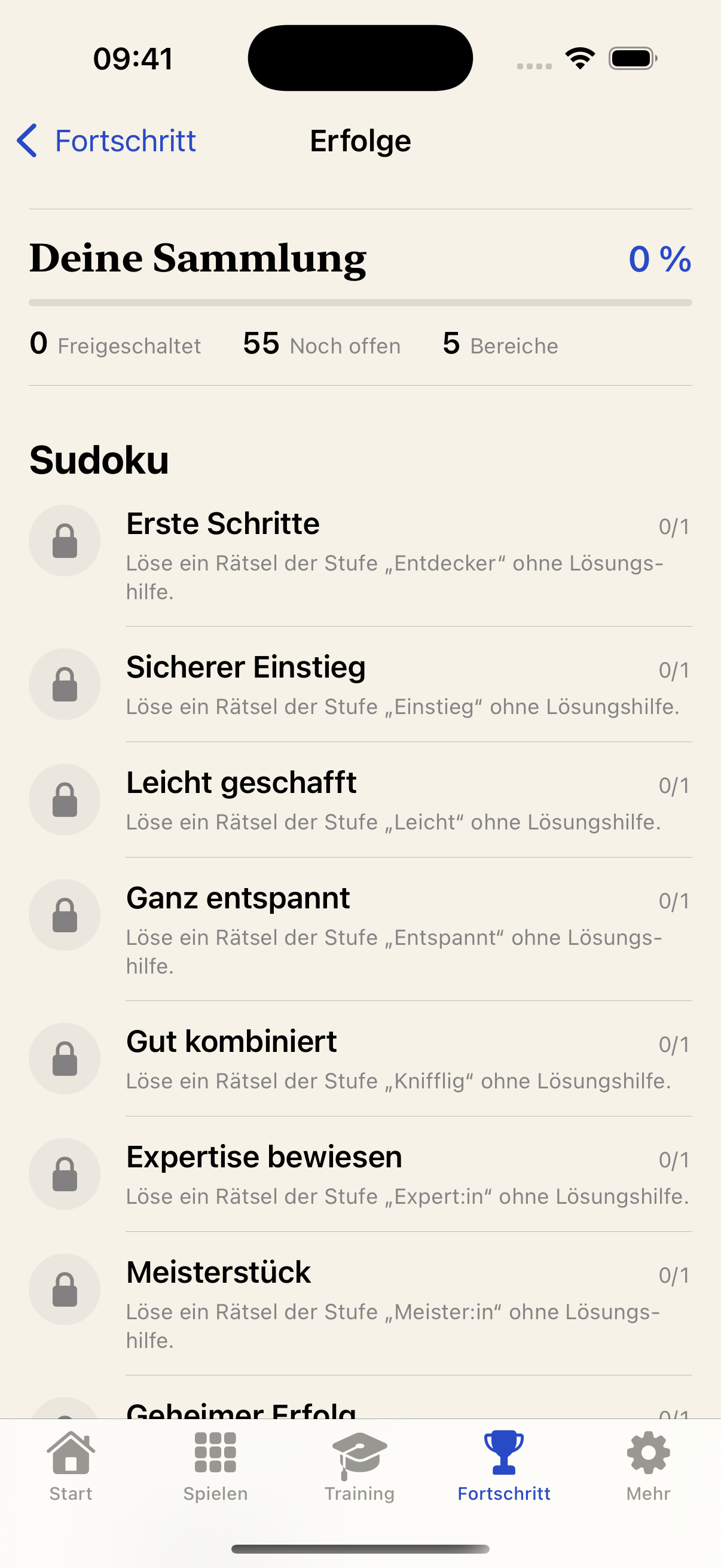 Erfolgsübersicht mit Fortschritt und freischaltbaren Auszeichnungen