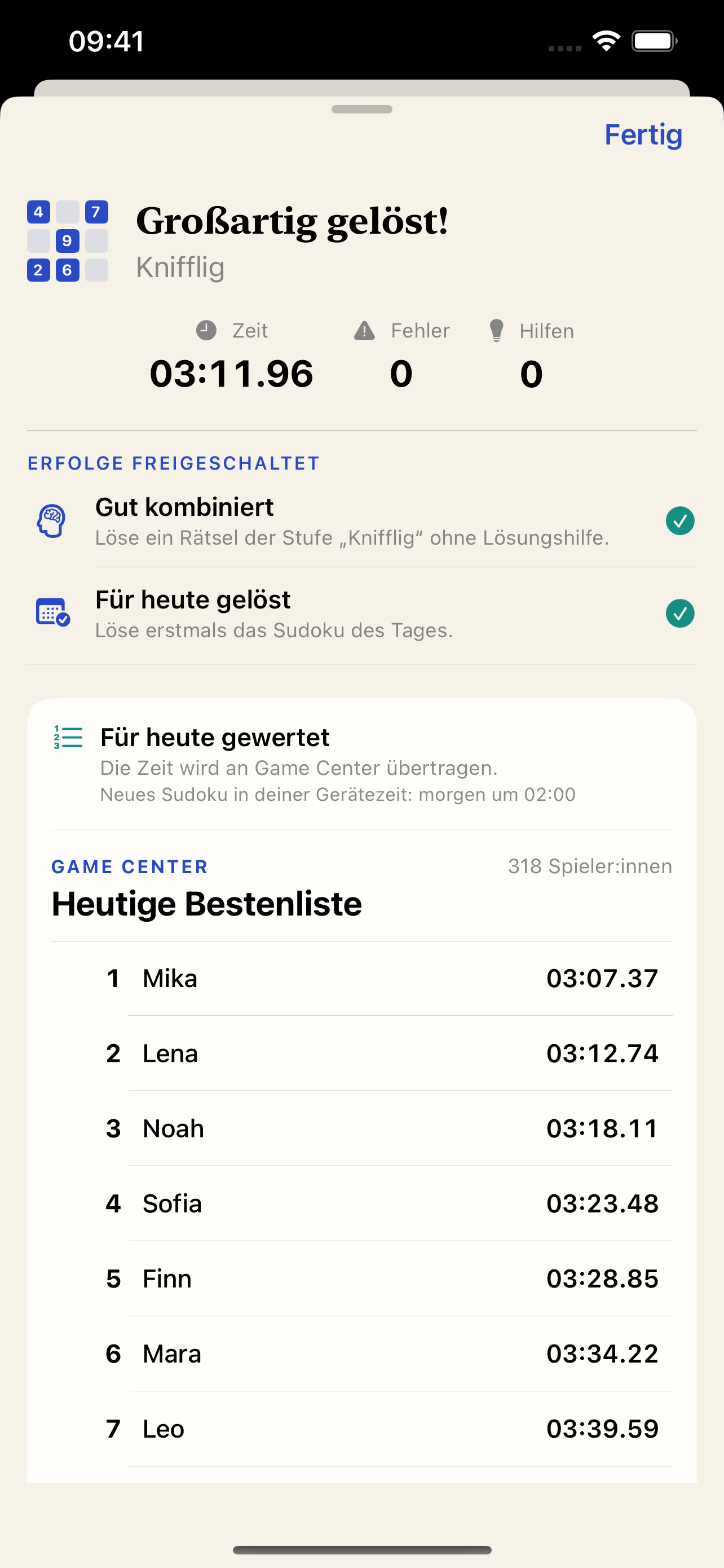 Tagesabschluss mit Ergebnis und weltweiter Bestenliste