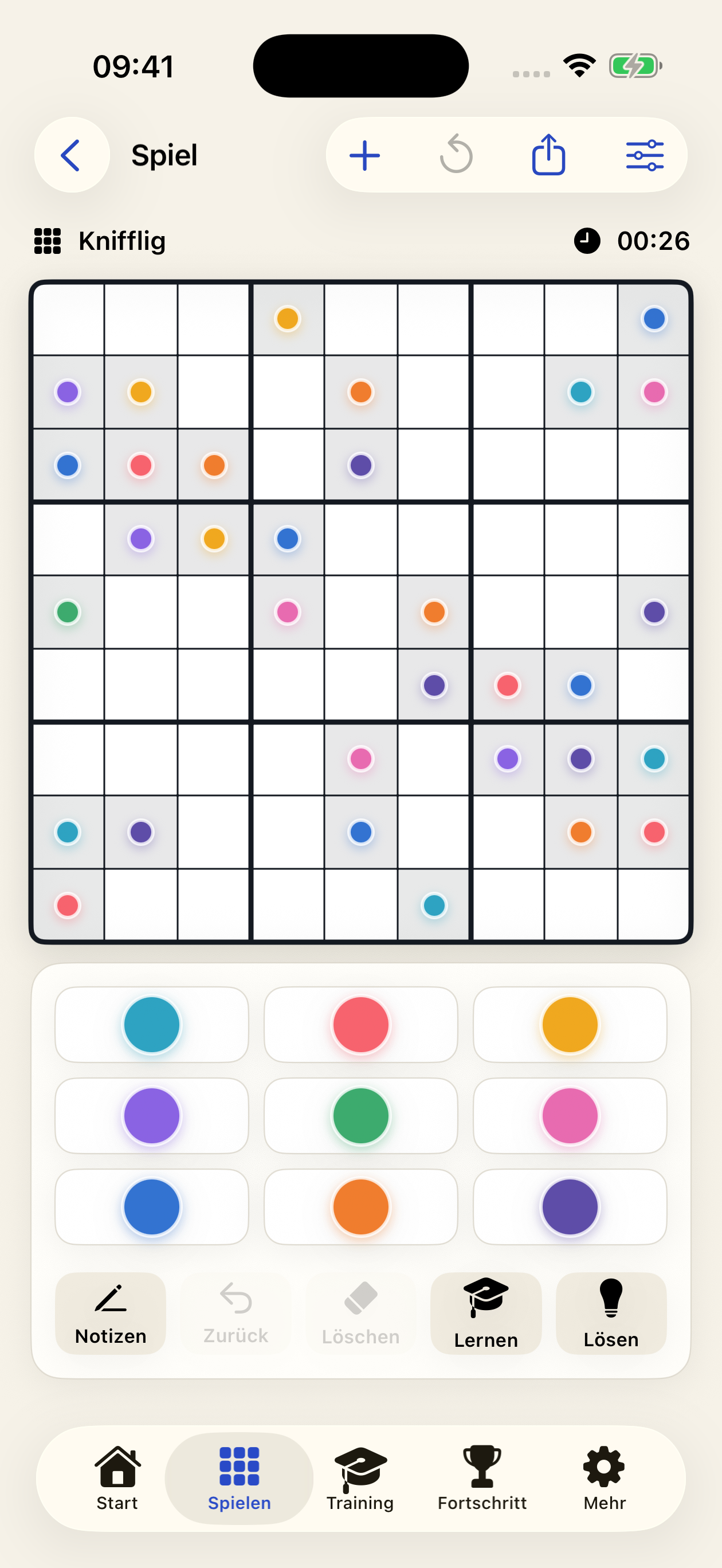Kompletter ASudoku-Spielbildschirm mit Farbpunkten, Eingabefeld und Navigation