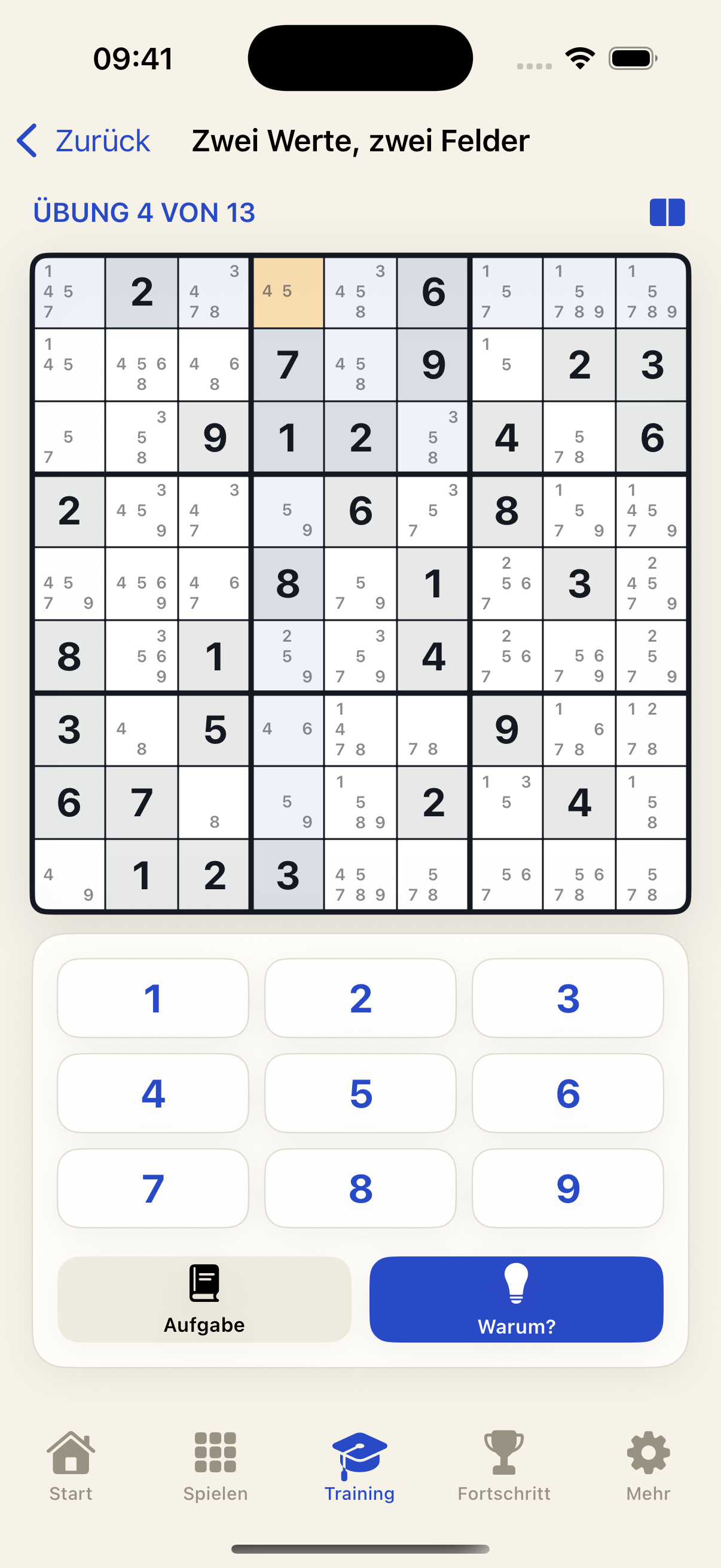 Übung zur Technik Zwei Werte, zwei Felder mit Kandidaten im Sudoku