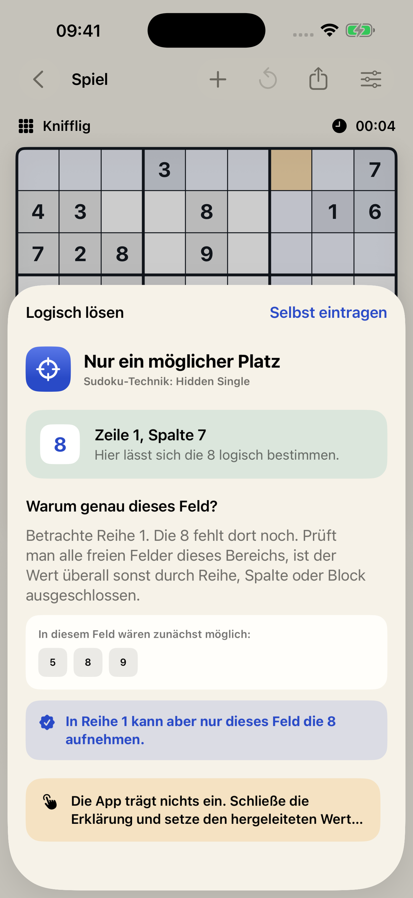 Lernhilfe erklärt einen Hidden Single am ausgewählten Feld