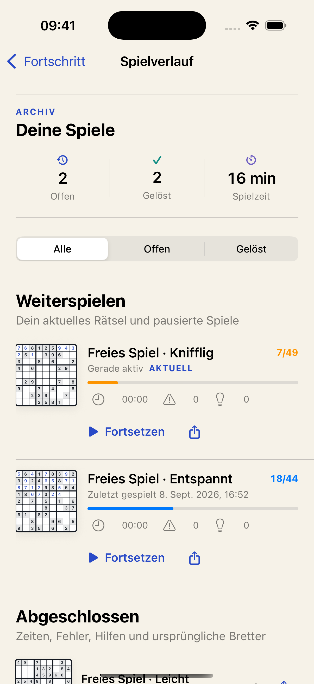Spielverlauf mit offenen und abgeschlossenen Rätseln