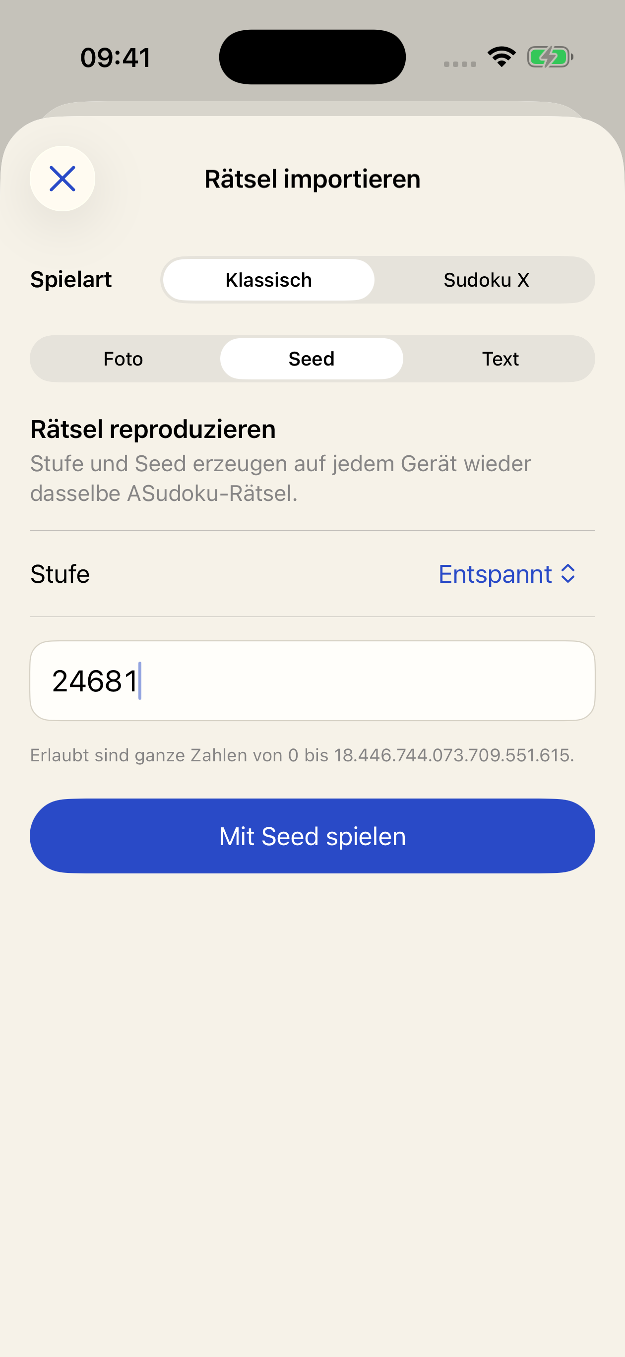 Seed-Import mit Schwierigkeitsstufe Entspannt und gültiger Kennzahl 24681
