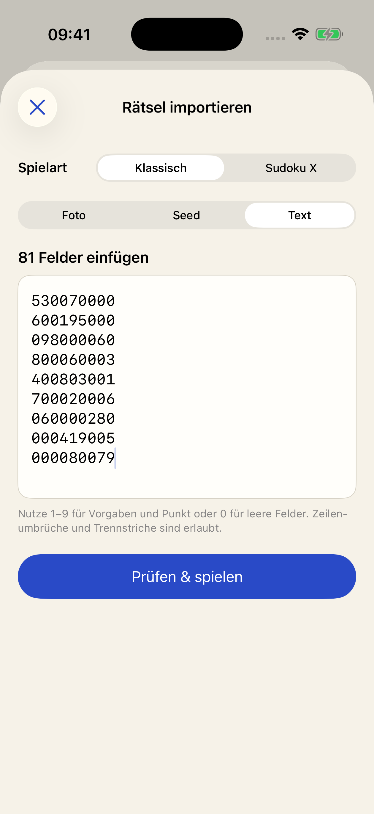 Textimport mit einem vollständig eingegebenen, eindeutig lösbaren Sudoku
