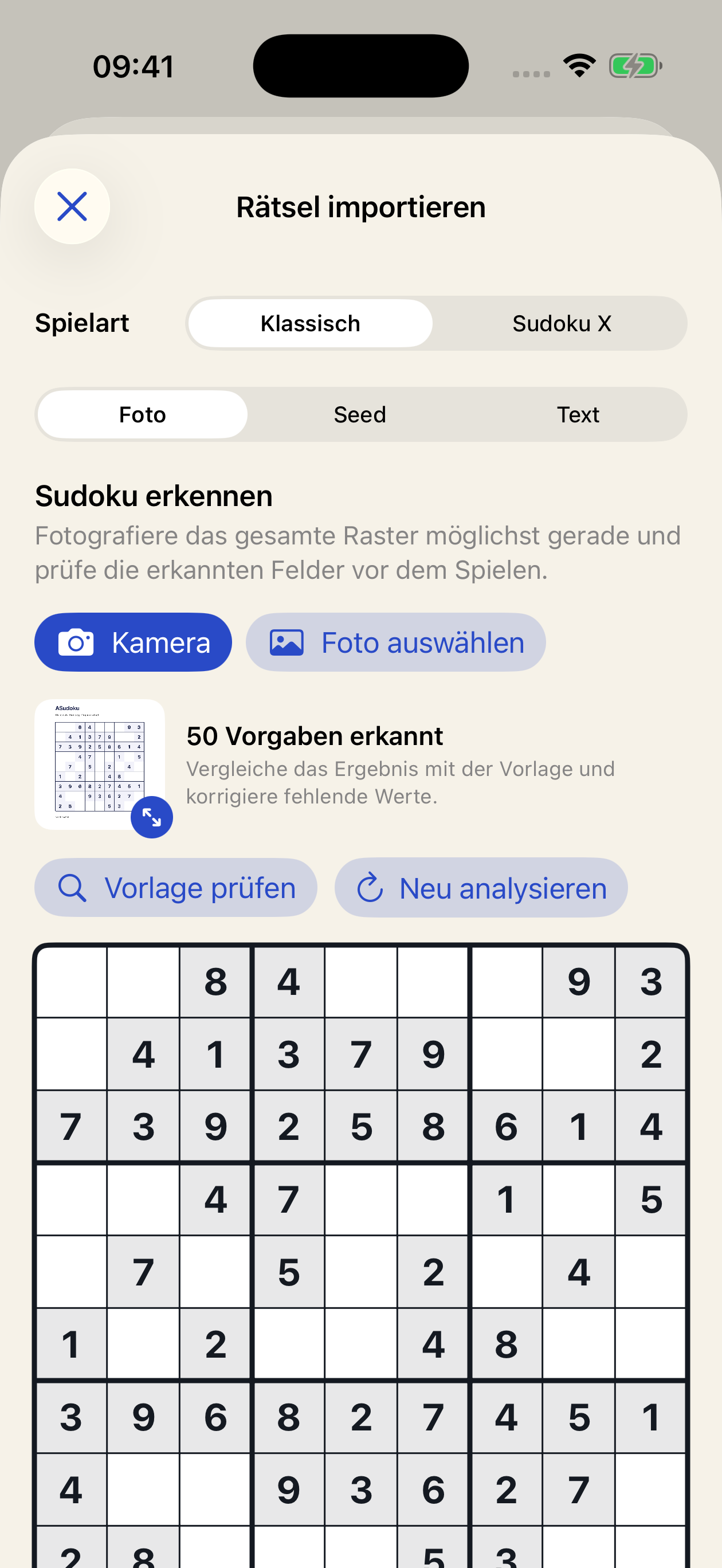 Fotoimport mit erkanntem Raster