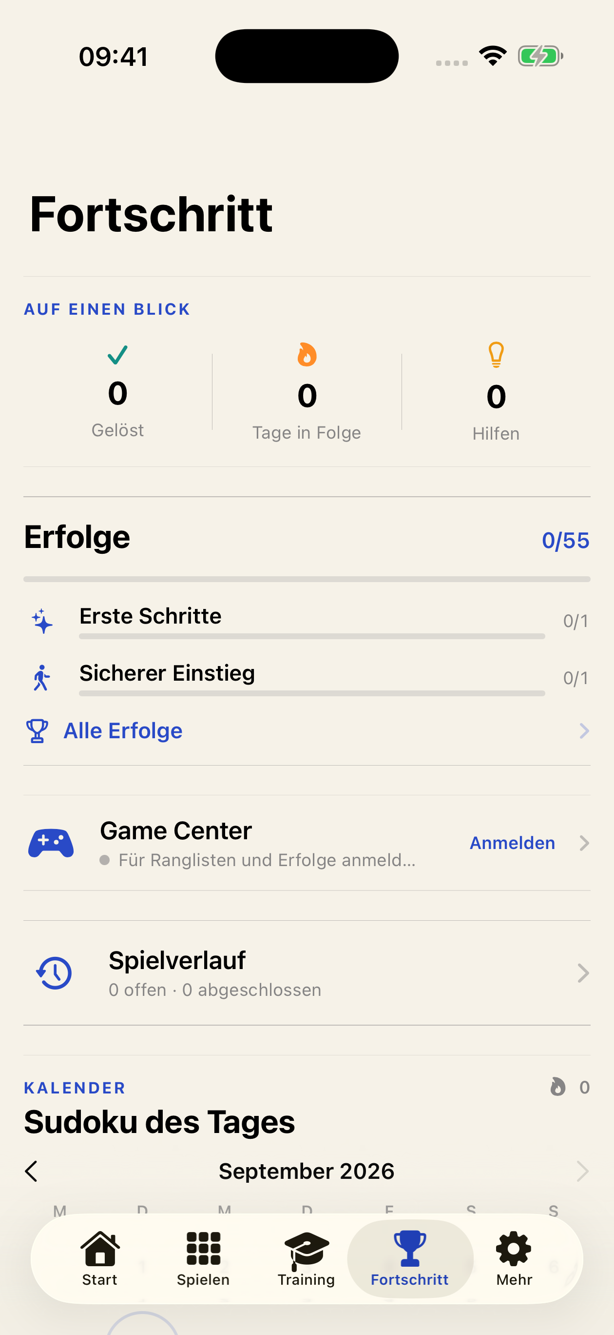 Fortschrittsübersicht mit gelösten Rätseln, täglicher Serie und Kalender