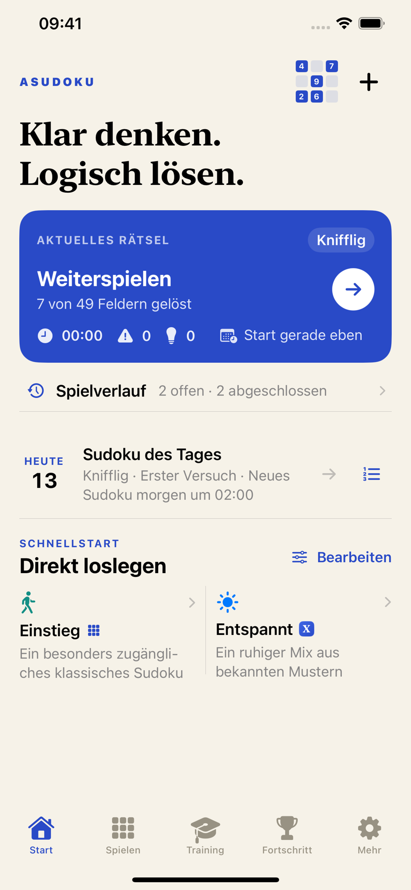 ASudoku Startseite mit Tagesrätsel und Schnellstart