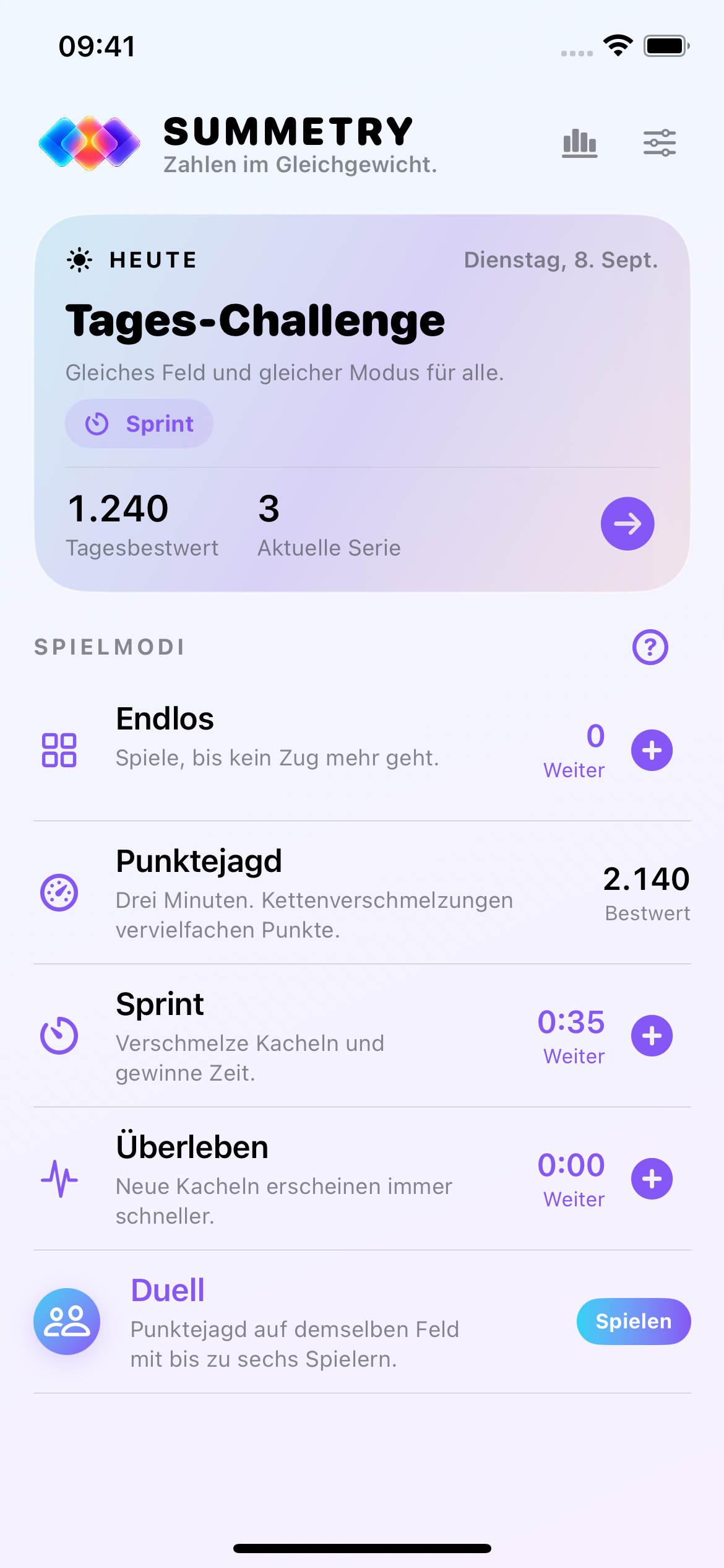 Summetry-Startseite mit Tages-Challenge, Tagesbestwert 1240 und aktueller Serie von drei Tagen