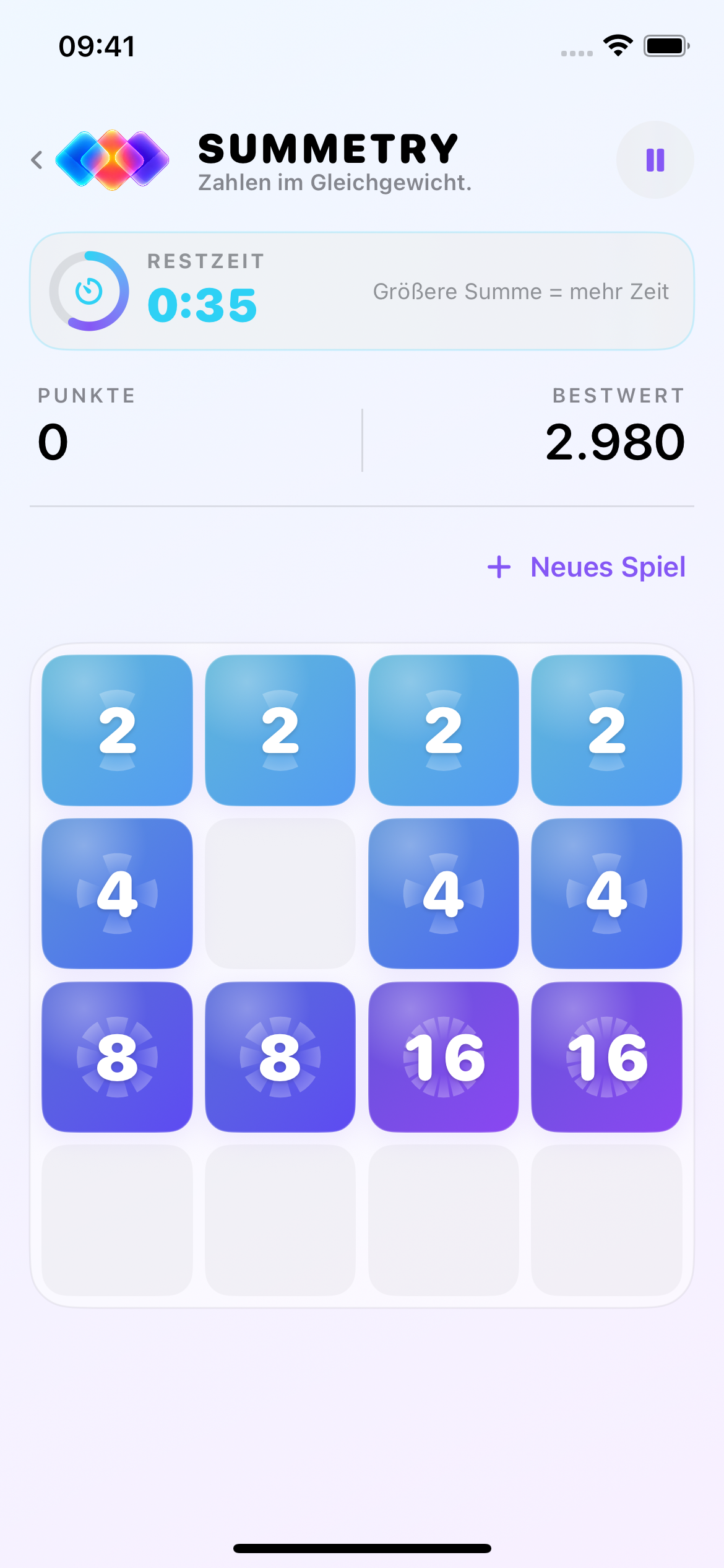 Sprint-Spiel mit 35 Sekunden Restzeit und vorbereiteten Zahlenpaaren auf dem Brett